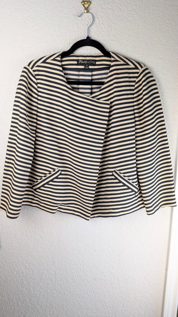 Elizabeth and James Draped Front Jacket Size 10 Navy Cream Striped Long Sleeves